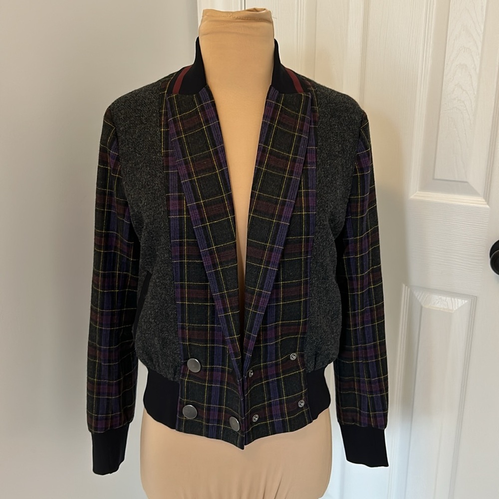 L.A.M.B. Gray Plaid Bomber Jacket with Purple and Green Accents